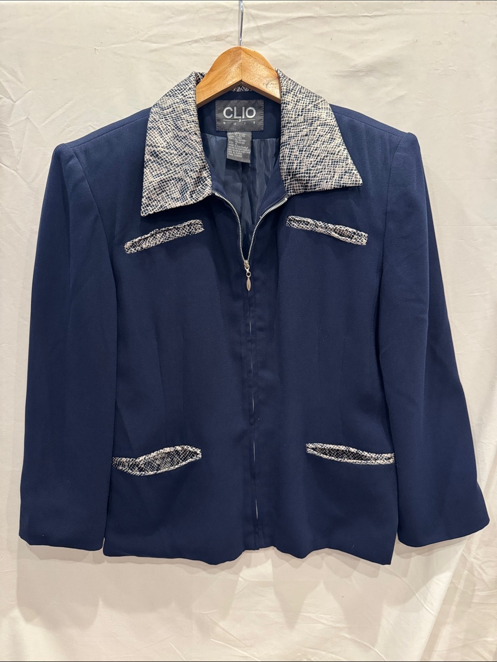Vintage 90s Clio Navy Zip-Up Blazer with Snakeskin Trim 12